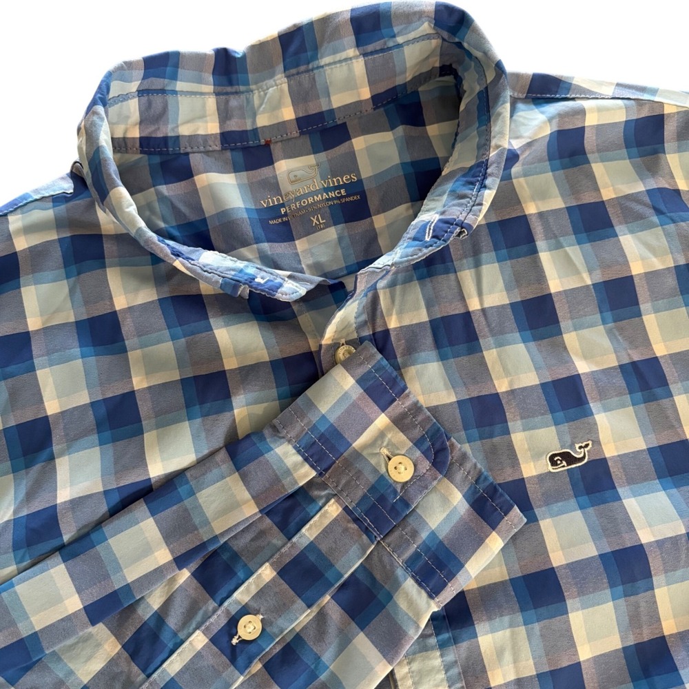 Vineyard Vine Boy XL 18 Performance Shirt Blue‎ Plaid Long Slv Button Up Stretch